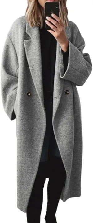 chouyatou Women's Winter Double Breasted Wool Coat Long Sleeve Notch Lapel Long Trench Coat