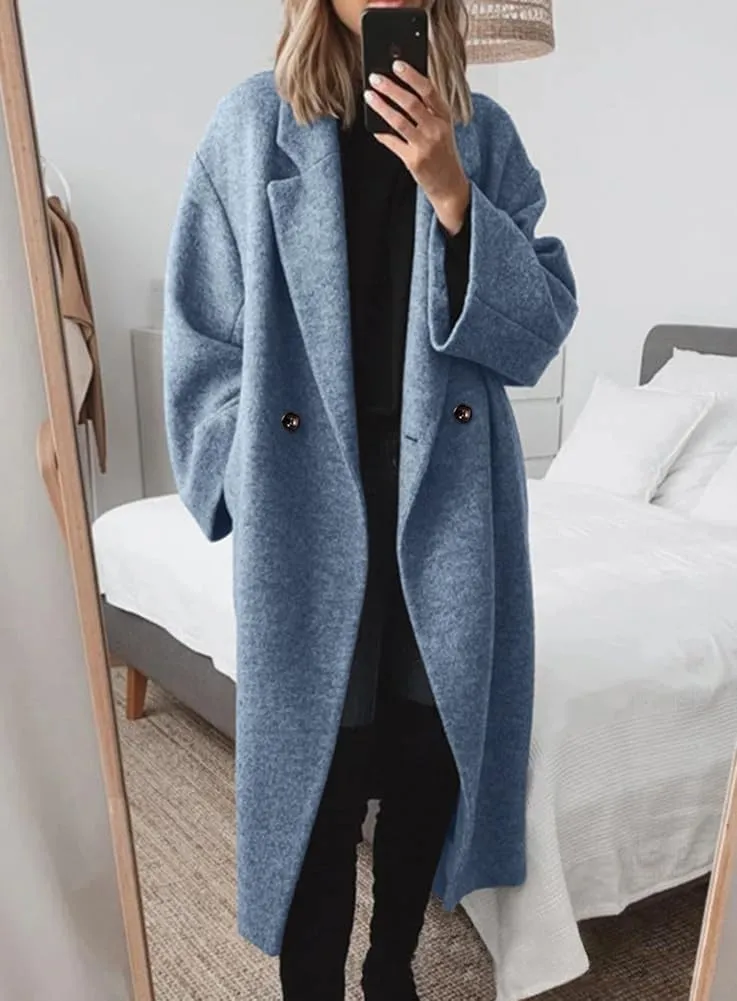 chouyatou Women's Winter Double Breasted Wool Coat Long Sleeve Notch Lapel Long Trench Coat