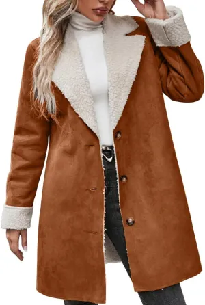 chouyatou Women's Winter Sherpa Lined Faux Suede Leather Jacket Oversized Notch Lapel Mid Long Overcoat