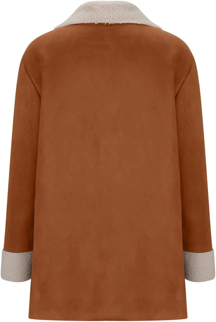 chouyatou Women's Winter Sherpa Lined Faux Suede Leather Jacket Oversized Notch Lapel Mid Long Overcoat