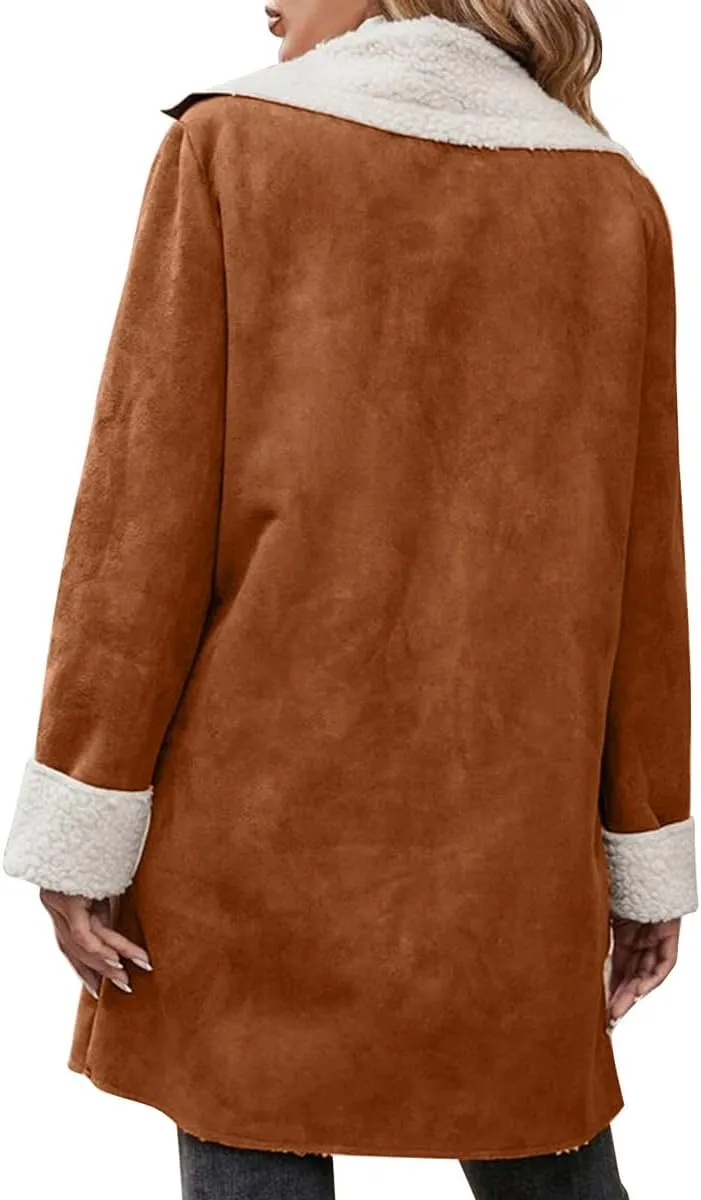 chouyatou Women's Winter Sherpa Lined Faux Suede Leather Jacket Oversized Notch Lapel Mid Long Overcoat