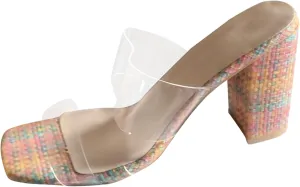 Chunky Block Low Heels Open Toe Heeled Sandals Europe And The United States Crystal Stripes Flower Color High