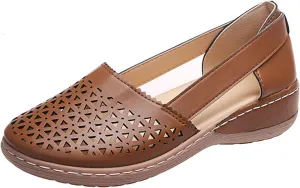 Closed Toe Sandals Women Hollow Casual Flats Orthotic Wedge Dressy Comfortable Shoes Beach Outdoor Walking Slippers Ballet Wedges Orthopedic Out Summer Carved Vintage Slip on Round Hollowed