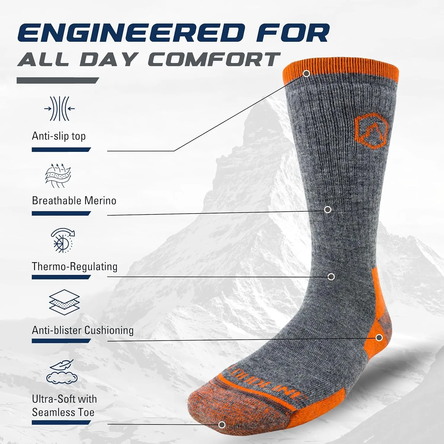 CloudLine - Merino Wool Socks for Men & Women, Wool Hiking Socks, Cushioned, Moisture Wicking, Anti Blister, Thermal - 1 Pair