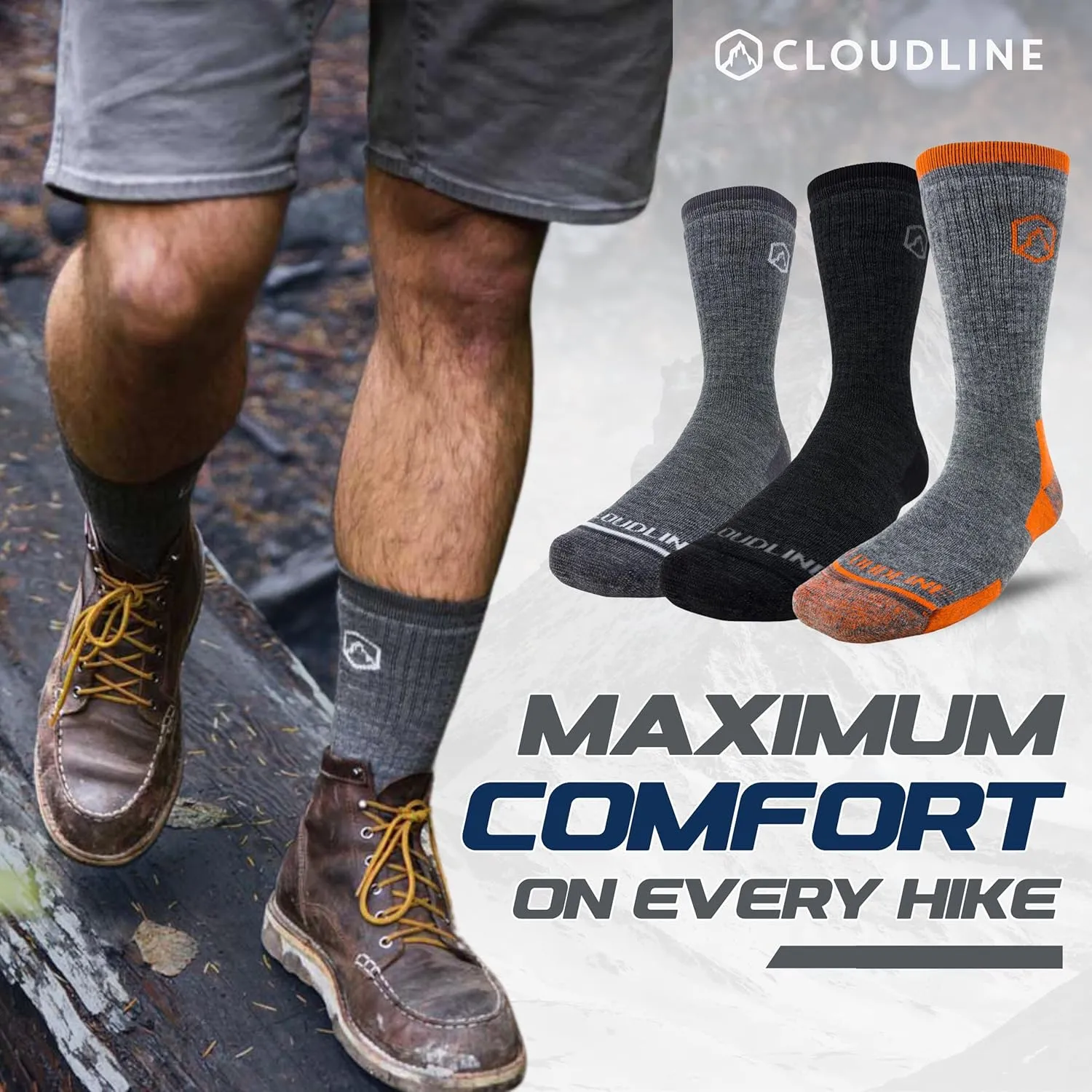 CloudLine - Merino Wool Socks for Men & Women, Wool Hiking Socks, Cushioned, Moisture Wicking, Anti Blister, Thermal - 1 Pair