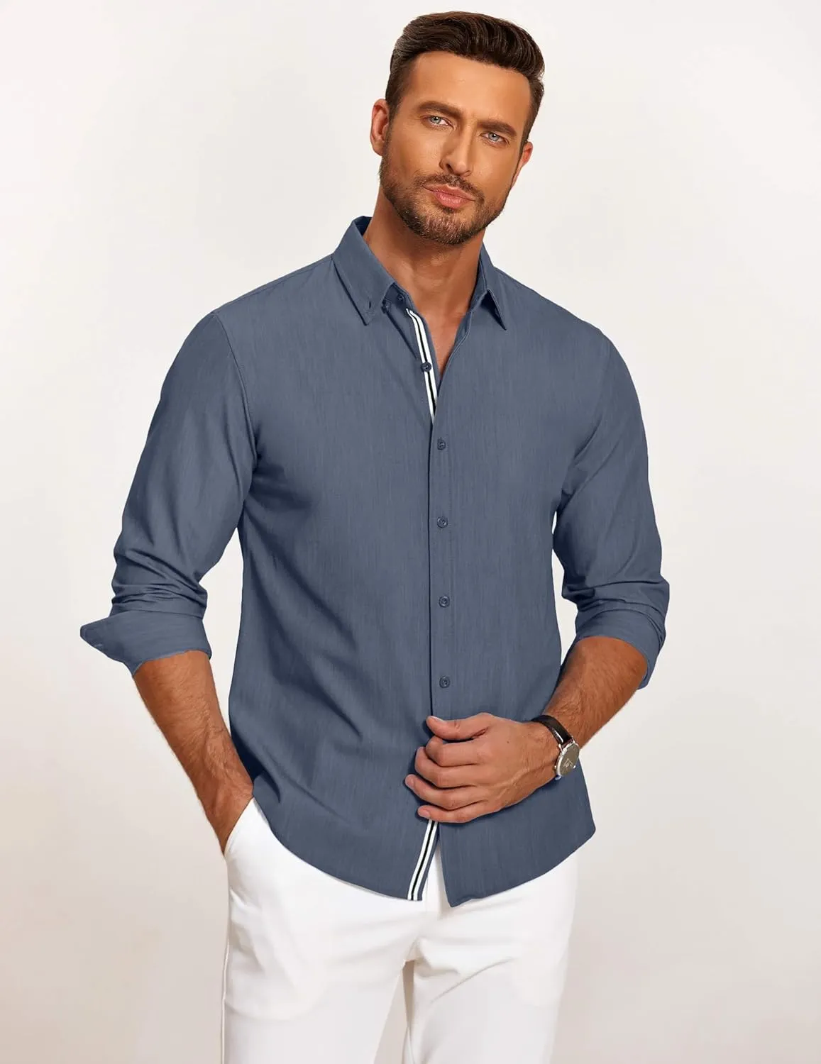 COOFANDY Mens Casual Button Down Shirt Untucked Long Sleeve Stretch Denim Dress Shirt