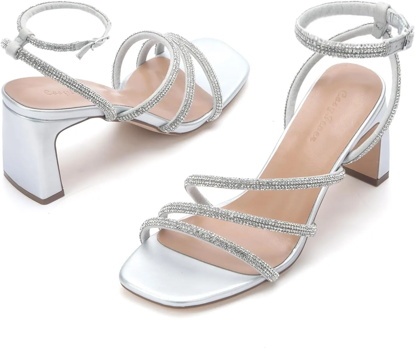 CosyFever Womens Rhinestone Heeled Sandals Ankle Strap Square Toe Chunky Block Heel Shoes for Casual Wedding Dressy Evening Party