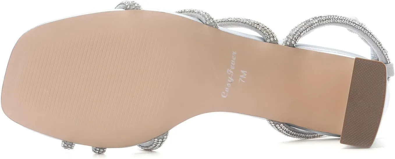 CosyFever Womens Rhinestone Heeled Sandals Ankle Strap Square Toe Chunky Block Heel Shoes for Casual Wedding Dressy Evening Party
