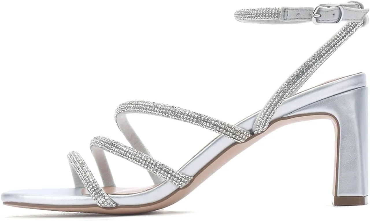CosyFever Womens Rhinestone Heeled Sandals Ankle Strap Square Toe Chunky Block Heel Shoes for Casual Wedding Dressy Evening Party