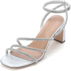 CosyFever Womens Rhinestone Heeled Sandals Ankle Strap Square Toe Chunky Block Heel Shoes for Casual Wedding Dressy Evening Party