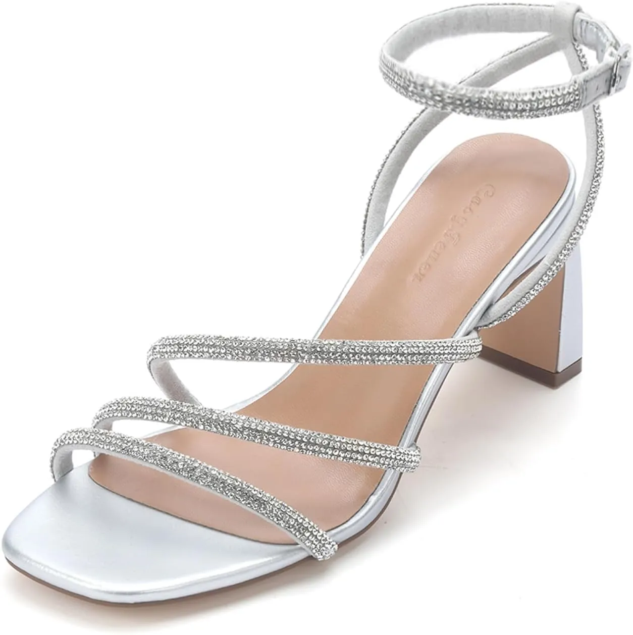 CosyFever Womens Rhinestone Heeled Sandals Ankle Strap Square Toe Chunky Block Heel Shoes for Casual Wedding Dressy Evening Party