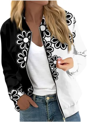 COTECRAM Bomber Jacket Women 2024 Causal Floral Zip Up Coats Long Sleeve Stand Collar Fall Jackets Lightweight Outerwear Tops