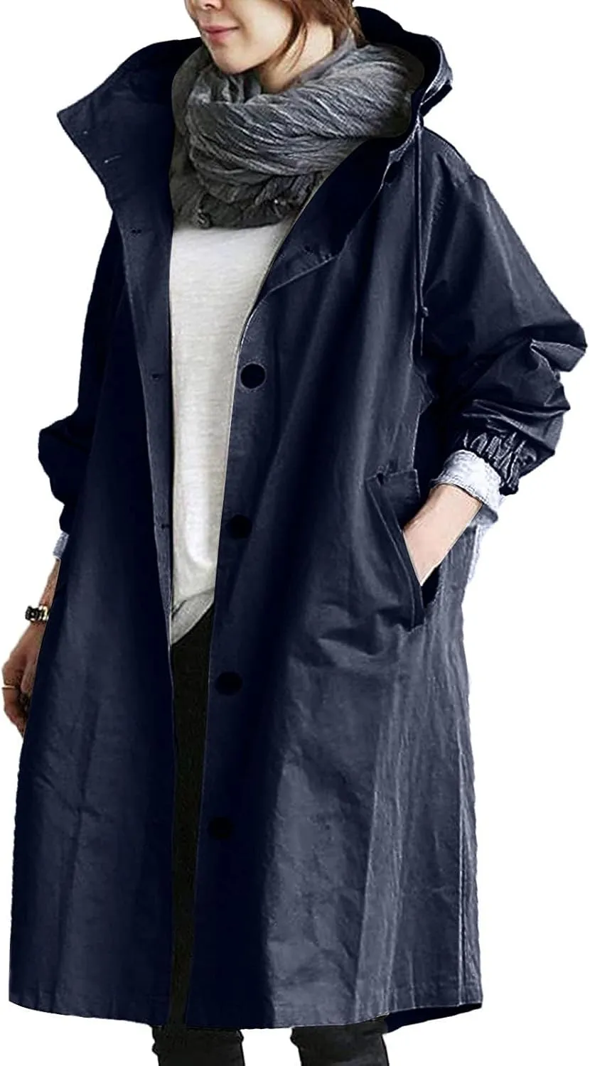 COTECRAM Women's Trench Jackets Plus Size Casual Long Rain Jacket Fashion Winter Hooded Oversized Windbreaker Coats Outerwear