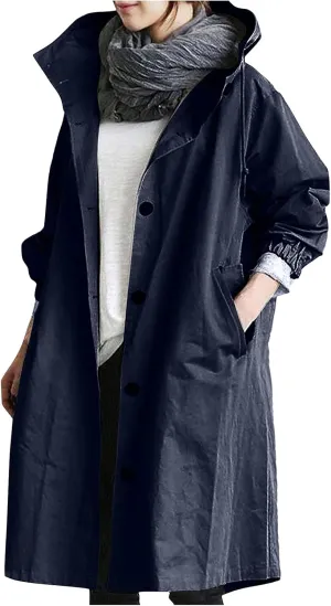 COTECRAM Women's Trench Jackets Plus Size Casual Long Rain Jacket Fashion Winter Hooded Oversized Windbreaker Coats Outerwear