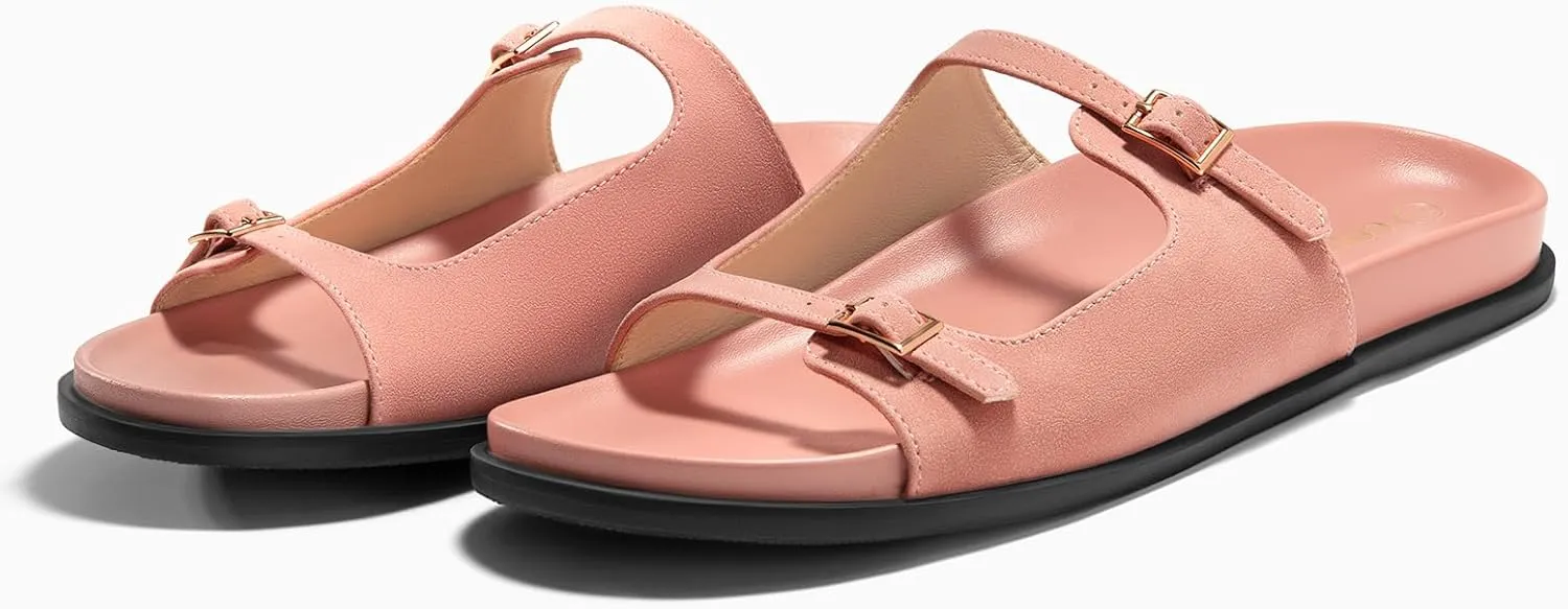 Coutgo Womens Flat Sandals Comfortable Wide Width Slides Double Strap Adjustable Buckle Slip on Shoes