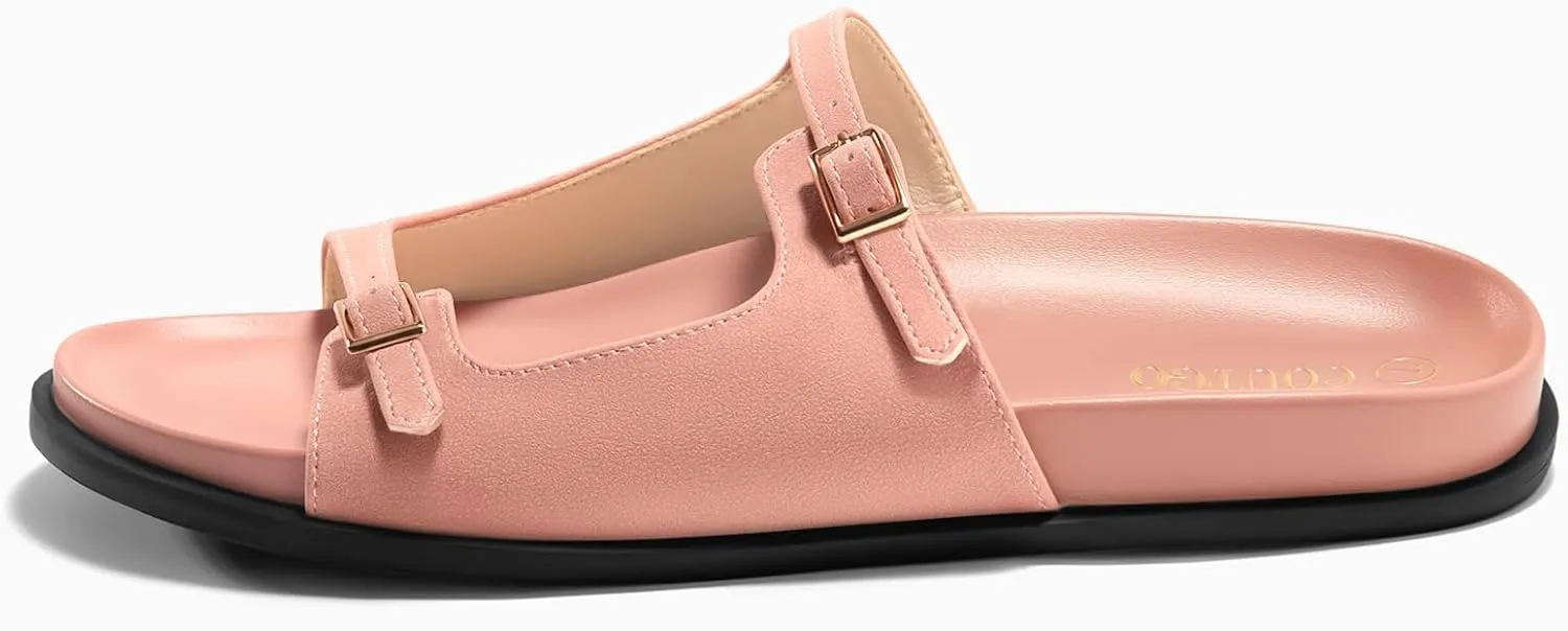 Coutgo Womens Flat Sandals Comfortable Wide Width Slides Double Strap Adjustable Buckle Slip on Shoes