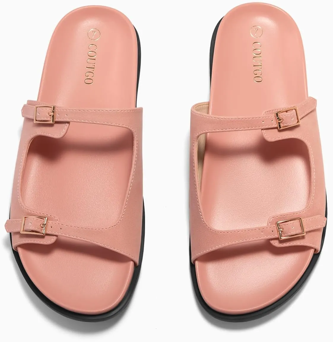 Coutgo Womens Flat Sandals Comfortable Wide Width Slides Double Strap Adjustable Buckle Slip on Shoes