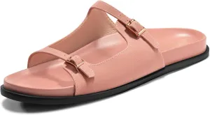 Coutgo Womens Flat Sandals Comfortable Wide Width Slides Double Strap Adjustable Buckle Slip on Shoes
