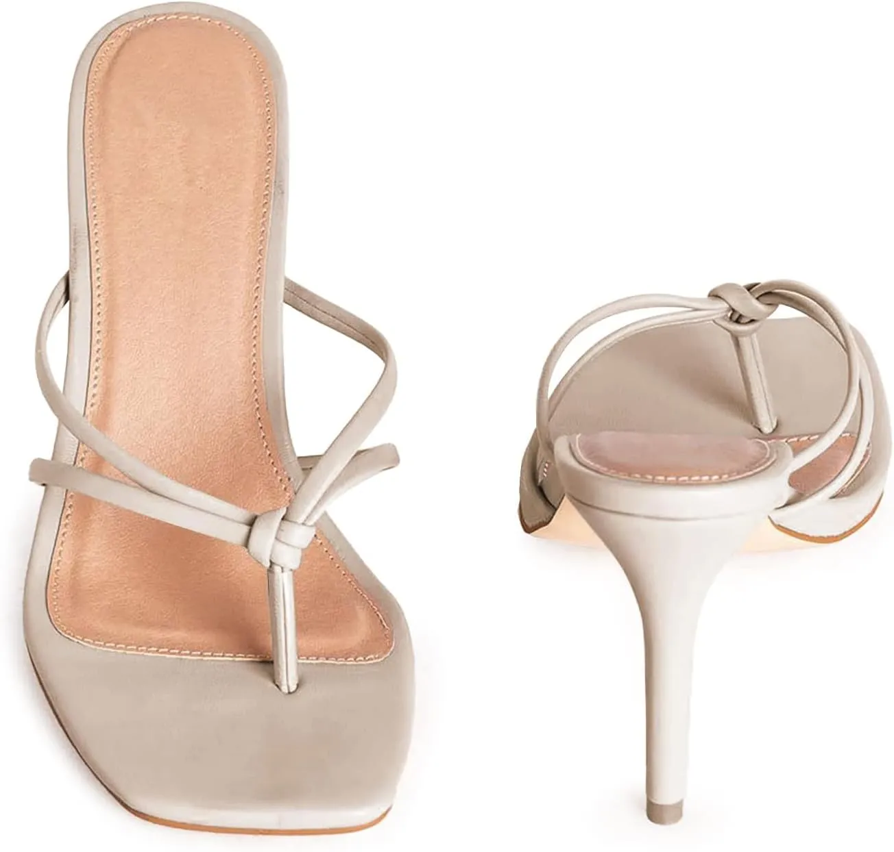 Coutgo Womens Heeled Sandals Strappy Square Toe Flip Flops Fashion Thong Slip on Stiletto Sandals
