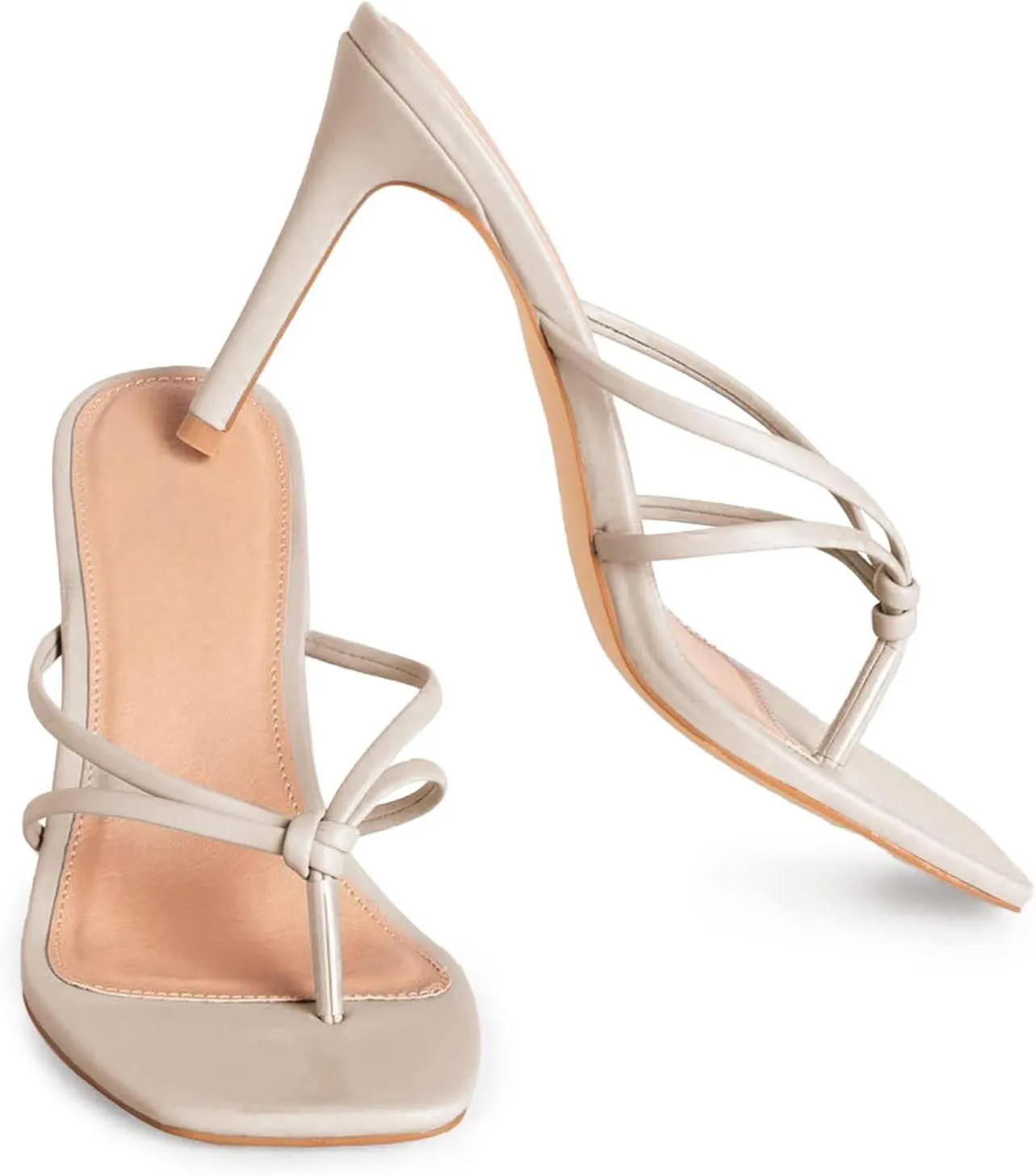 Coutgo Womens Heeled Sandals Strappy Square Toe Flip Flops Fashion Thong Slip on Stiletto Sandals