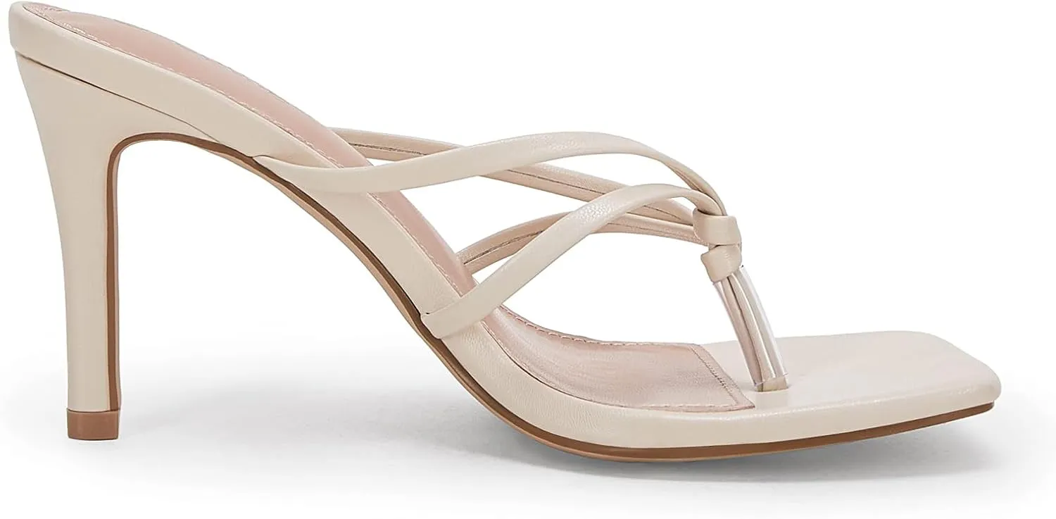 Coutgo Womens Heeled Sandals Strappy Square Toe Flip Flops Fashion Thong Slip on Stiletto Sandals
