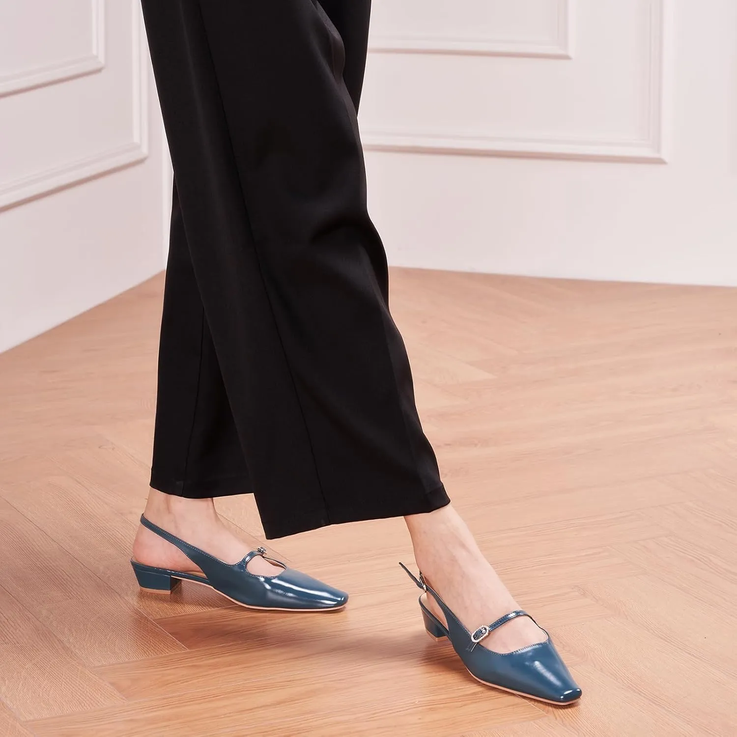 C.Paravano Women's Slingback Sandals Small Square Toe Slingbacks Flats Closed Block Heels Adjustable Strap Slip on Slingbacks