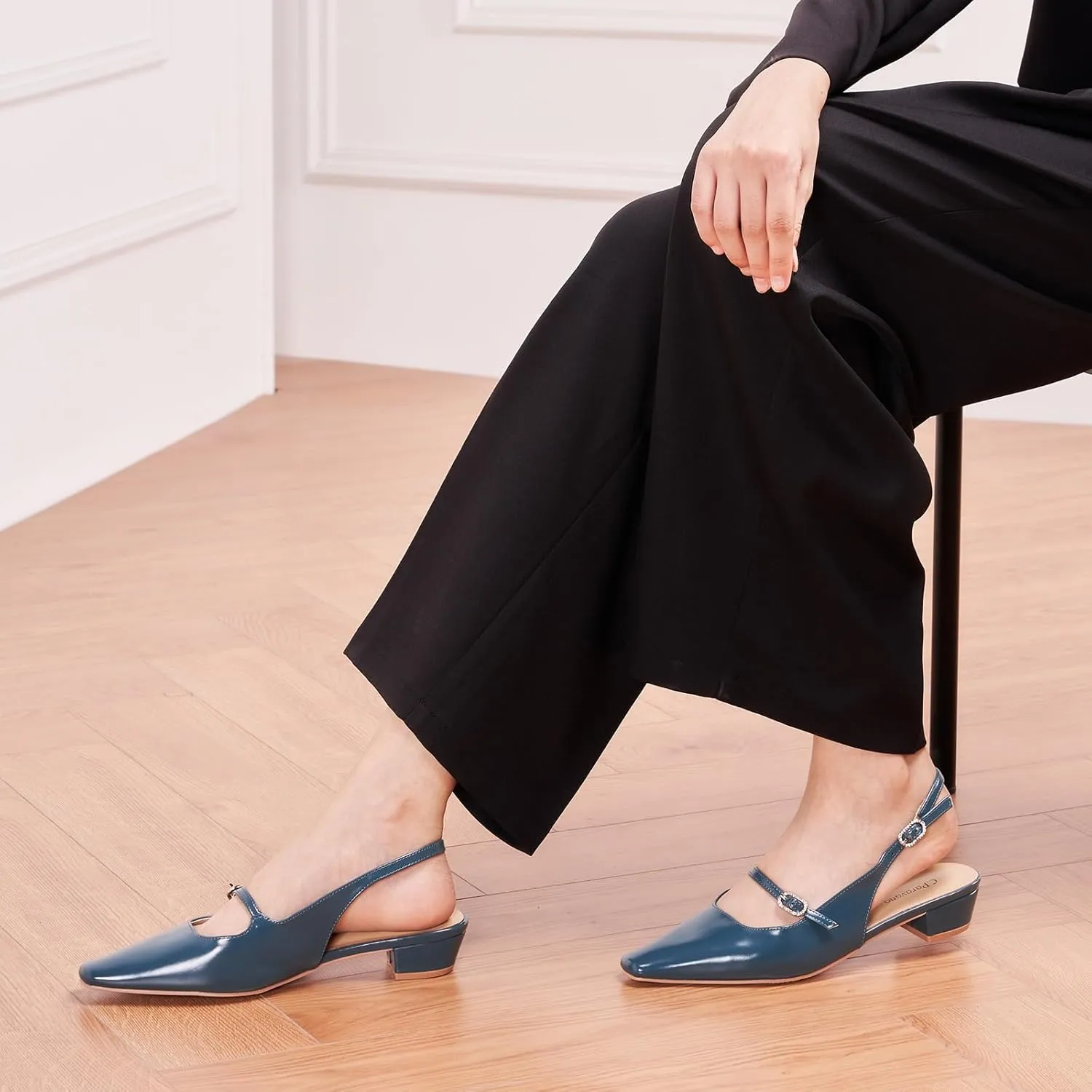 C.Paravano Women's Slingback Sandals Small Square Toe Slingbacks Flats Closed Block Heels Adjustable Strap Slip on Slingbacks