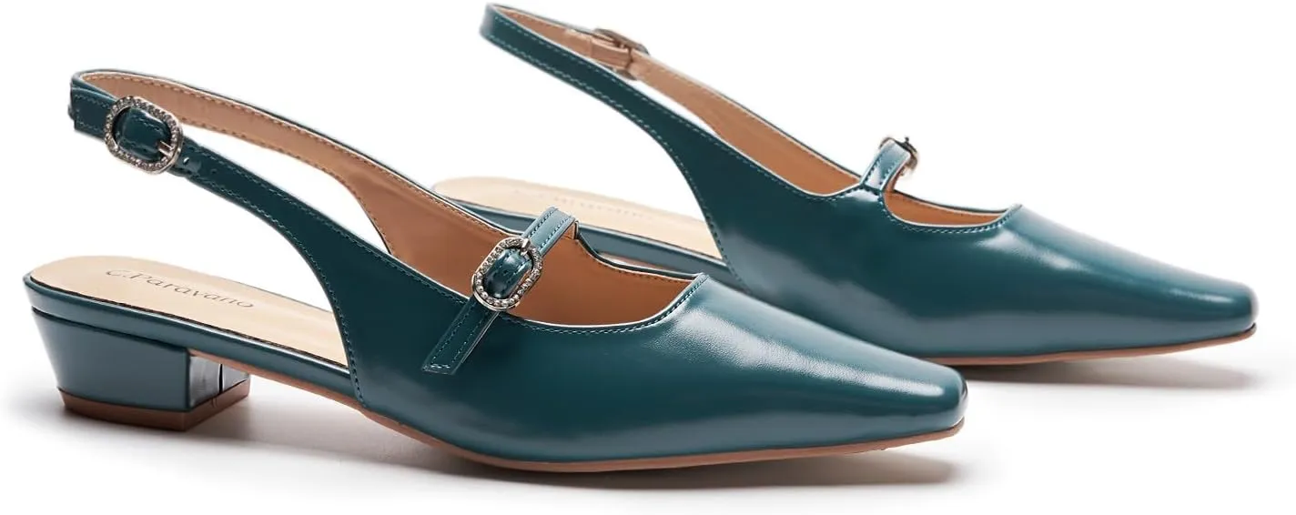 C.Paravano Women's Slingback Sandals Small Square Toe Slingbacks Flats Closed Block Heels Adjustable Strap Slip on Slingbacks