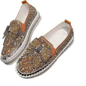 Cubicbee Women's Rhinestone Bow Platform Sneakers,Glitter Flat Walking Slip On Loafers Casual Shoes,Comfort Platform Dress Shoes
