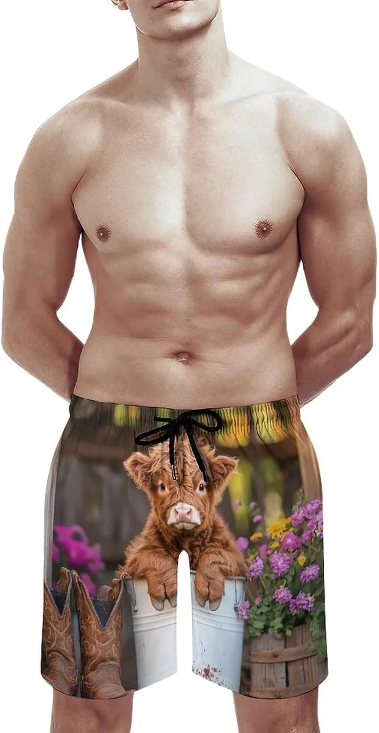 Cute Cow Highland Cow (4) Men's Swim Trunks Casual Bathing Suit Board Shorts Hawaiian Beach Swimwear Swim Shorts