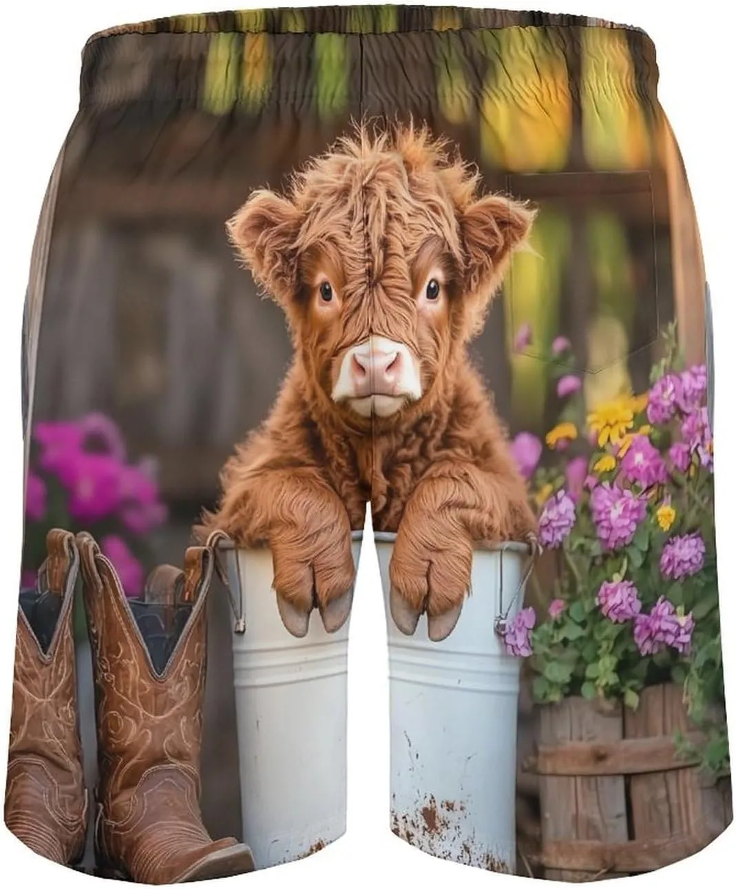 Cute Cow Highland Cow (4) Men's Swim Trunks Casual Bathing Suit Board Shorts Hawaiian Beach Swimwear Swim Shorts