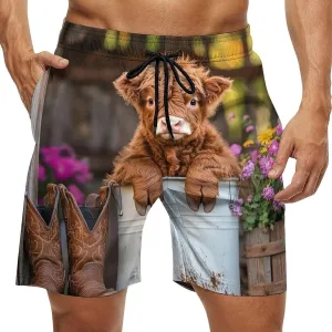 Cute Cow Highland Cow (4) Men's Swim Trunks Casual Bathing Suit Board Shorts Hawaiian Beach Swimwear Swim Shorts