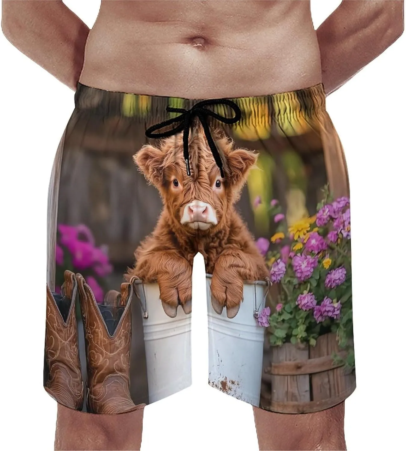 Cute Cow Highland Cow (4) Men's Swim Trunks Casual Bathing Suit Board Shorts Hawaiian Beach Swimwear Swim Shorts