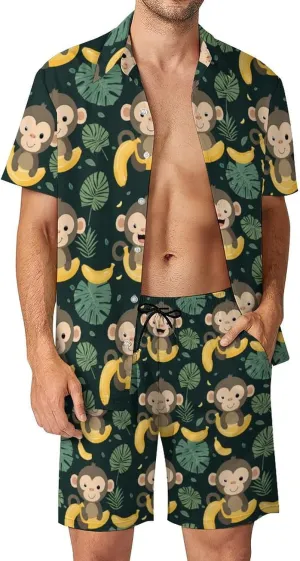 Cute Monkey And Banana Men's Hawaiian Set Casual Short Sleeve Shirt And Shorts Suits Outfits Beach Shirt 2 Piece