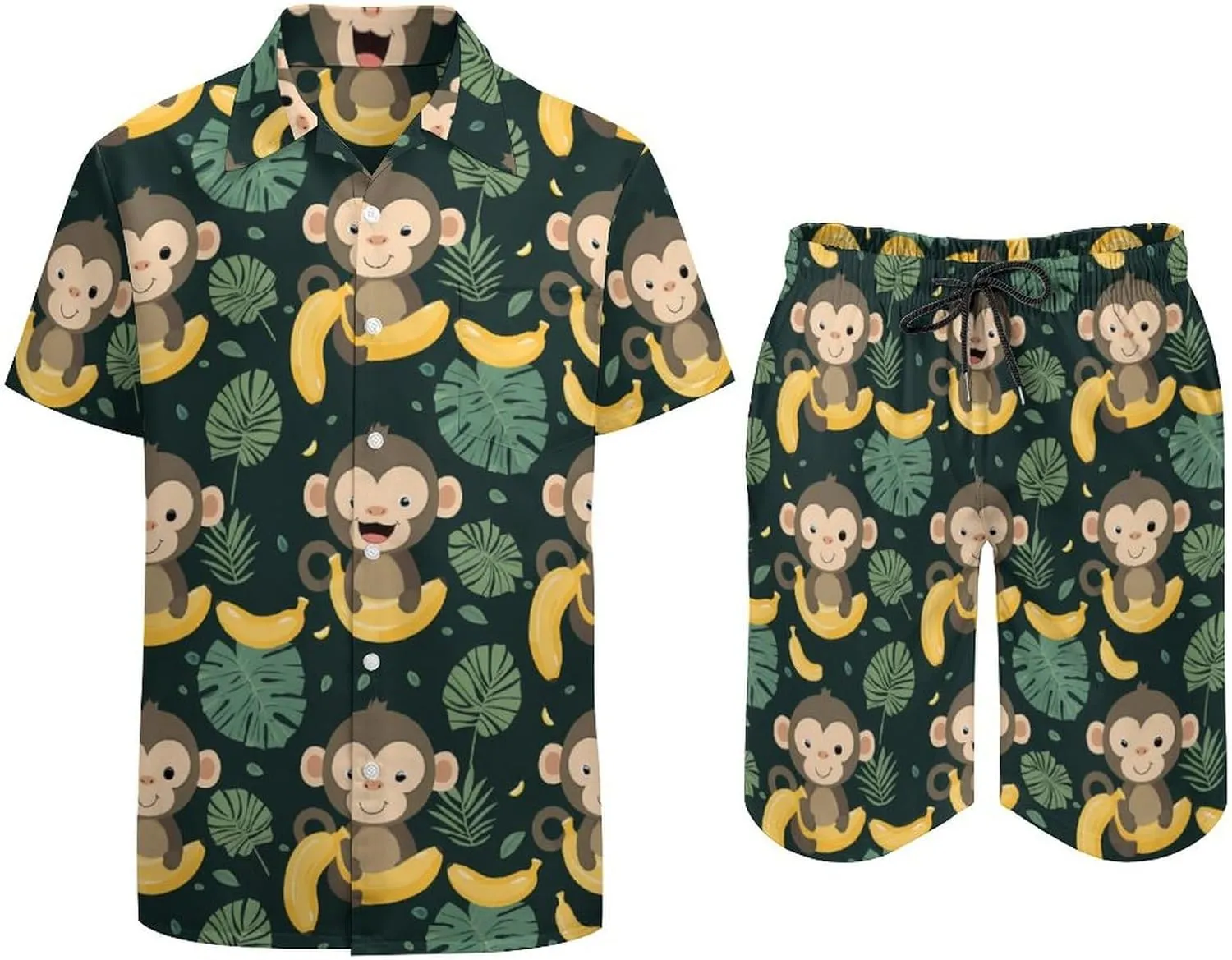 Cute Monkey And Banana Men's Hawaiian Set Casual Short Sleeve Shirt And Shorts Suits Outfits Beach Shirt 2 Piece