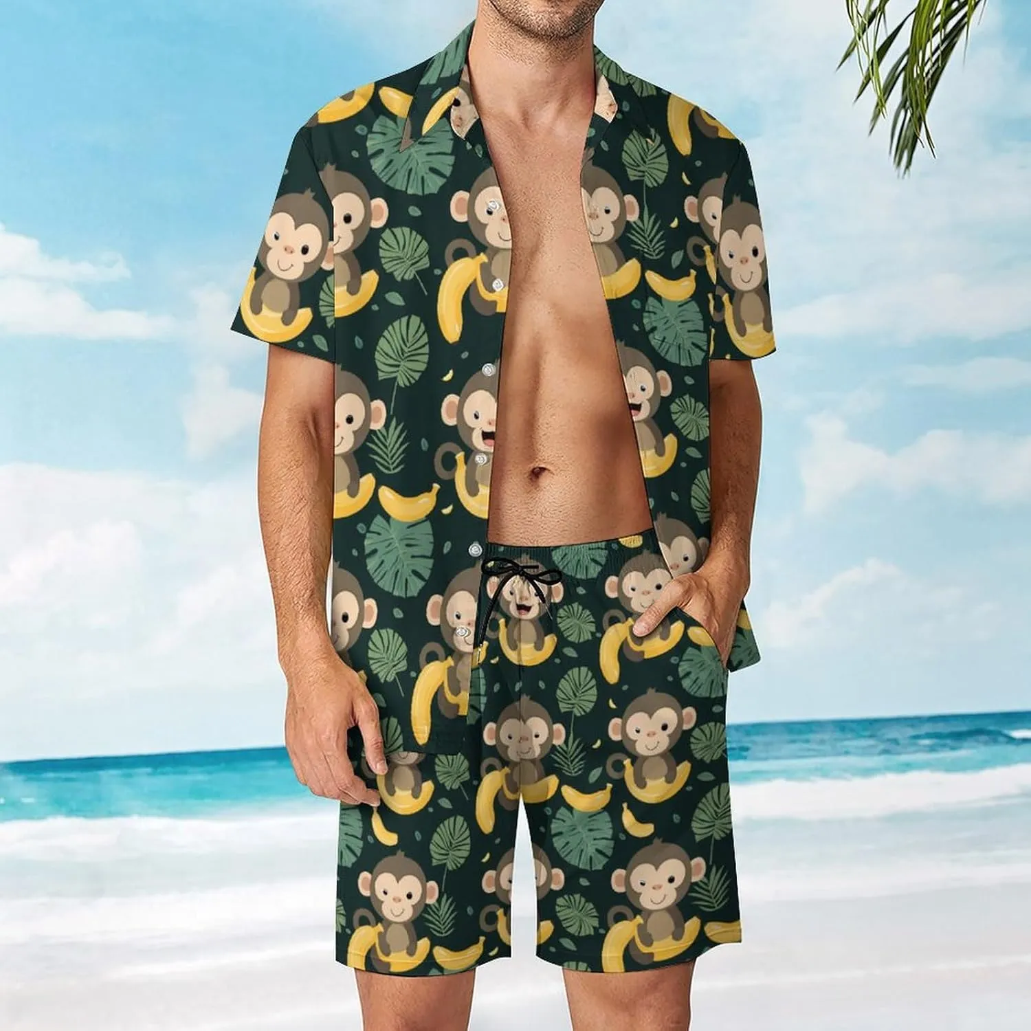 Cute Monkey And Banana Men's Hawaiian Set Casual Short Sleeve Shirt And Shorts Suits Outfits Beach Shirt 2 Piece