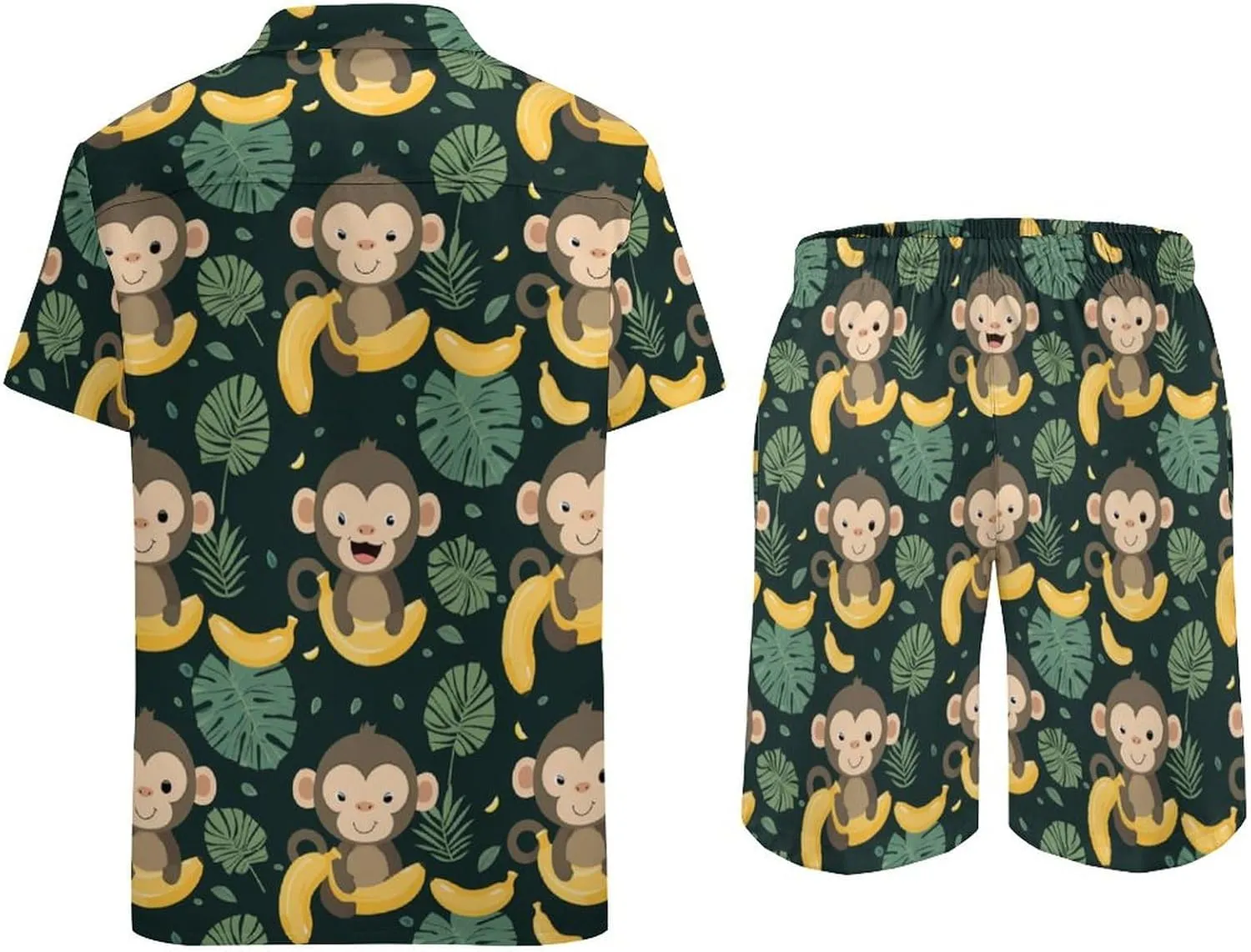 Cute Monkey And Banana Men's Hawaiian Set Casual Short Sleeve Shirt And Shorts Suits Outfits Beach Shirt 2 Piece