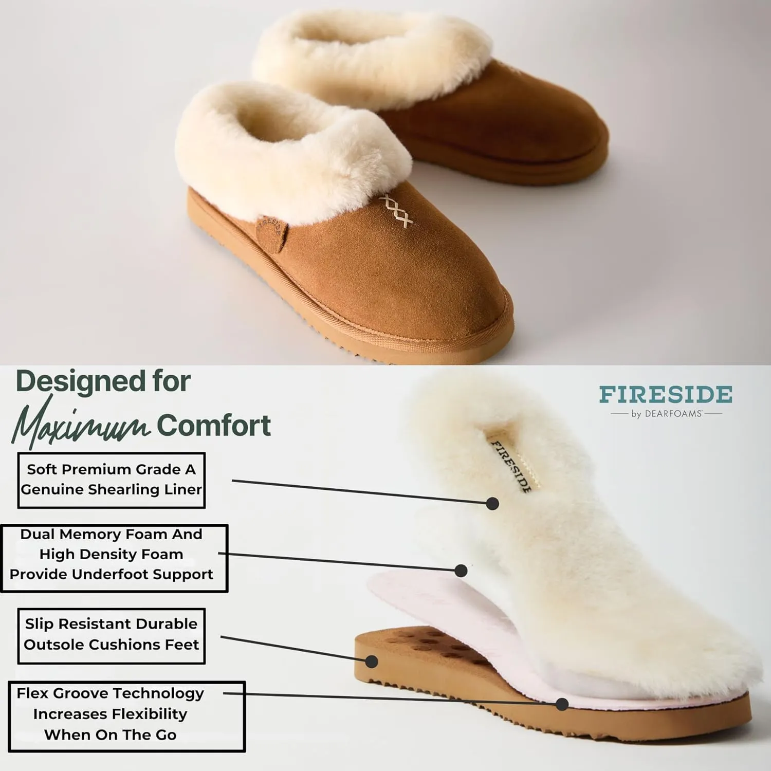 Dearfoams Fireside Adelaide Genuine Shearling Soft Comfy Memory Foam Plush Indoor House Shoe Clog Slipper