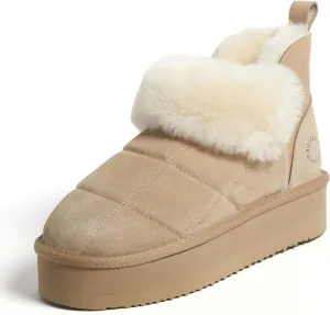 Dearfoams Women's Bootie Bayswater Comfy Indoor Outdoor Shearling Platform Slipper Ankle Boot