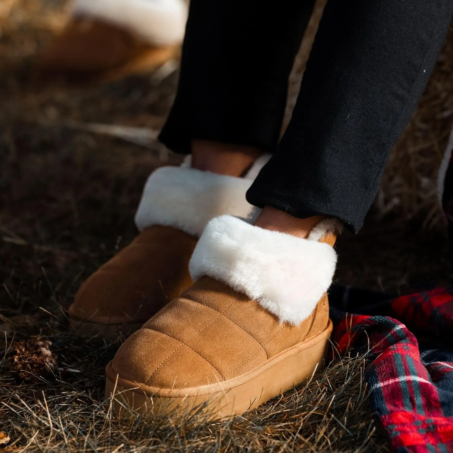 Dearfoams Women's Bootie Bayswater Comfy Indoor Outdoor Shearling Platform Slipper Ankle Boot