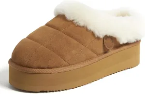 Dearfoams Women's Shearling Platform Slippers Bendigo Comfy Puff Plush Clog House Shoes