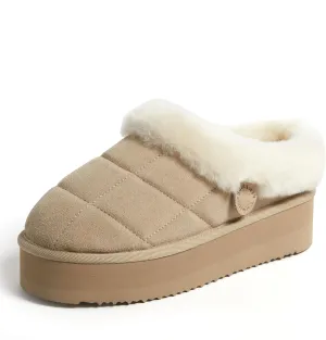 Dearfoams Women's Shearling Platform Slippers Bendigo Comfy Puff Plush Clog House Shoes