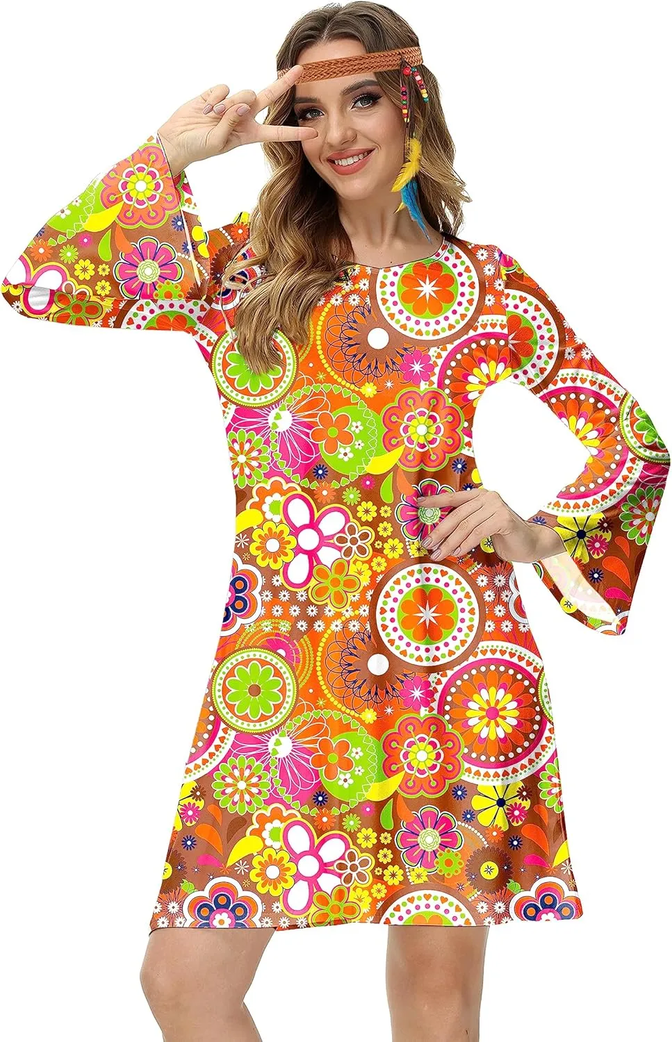Deerose Women's 70s Hippie Costume Retro Go Go Groovy Dress
