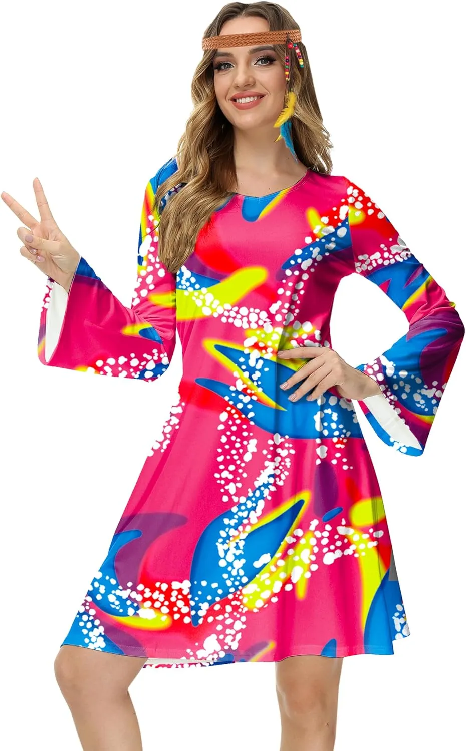 Deerose Women's 70s Hippie Costume Retro Go Go Groovy Dress