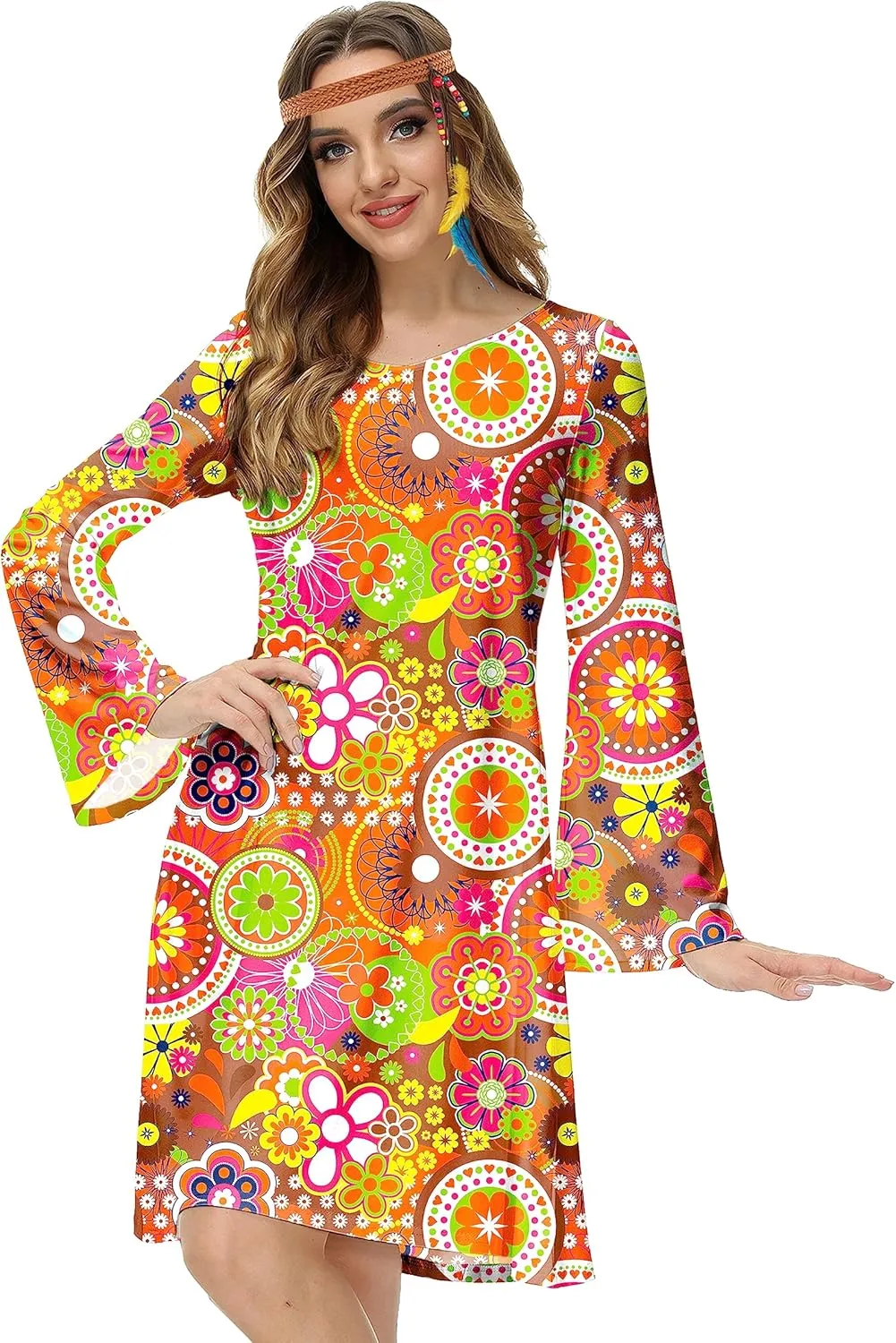 Deerose Women's 70s Hippie Costume Retro Go Go Groovy Dress