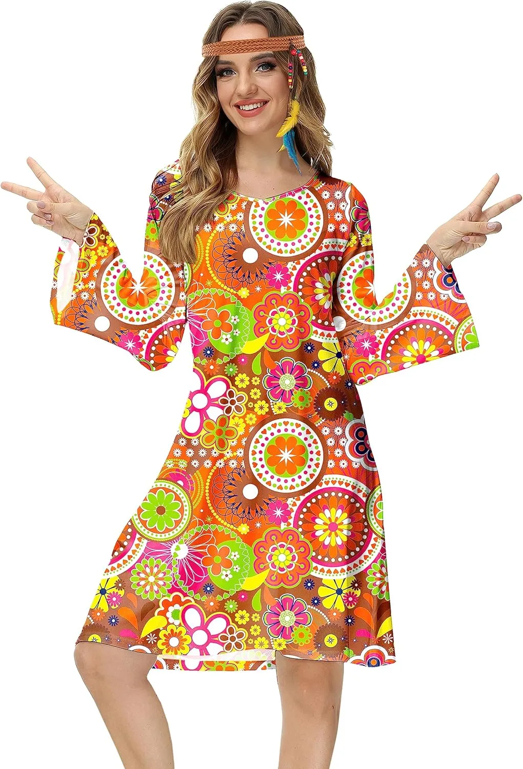 Deerose Women's 70s Hippie Costume Retro Go Go Groovy Dress