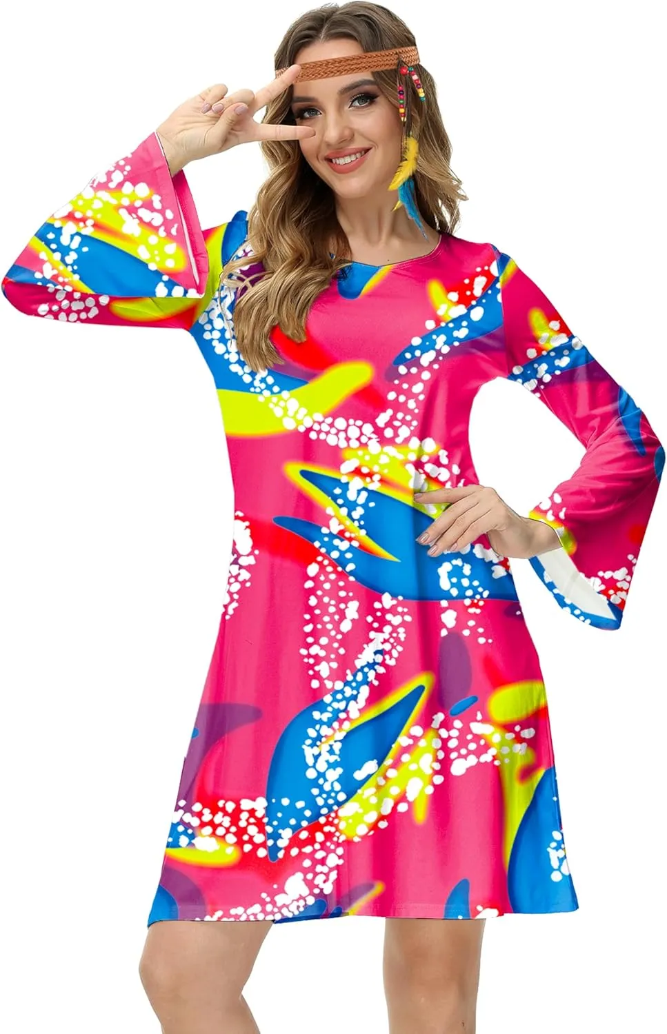 Deerose Women's 70s Hippie Costume Retro Go Go Groovy Dress
