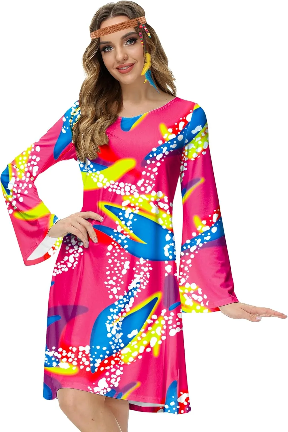 Deerose Women's 70s Hippie Costume Retro Go Go Groovy Dress