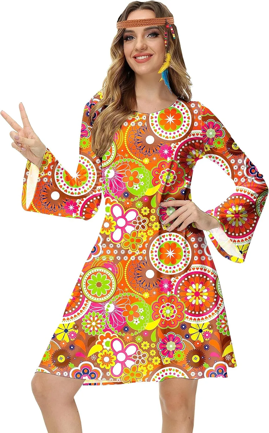 Deerose Women's 70s Hippie Costume Retro Go Go Groovy Dress