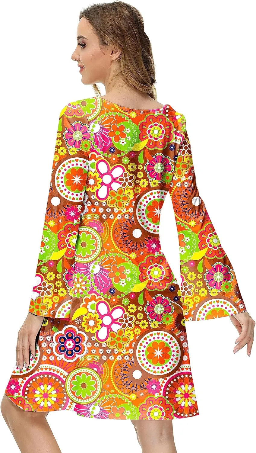 Deerose Women's 70s Hippie Costume Retro Go Go Groovy Dress